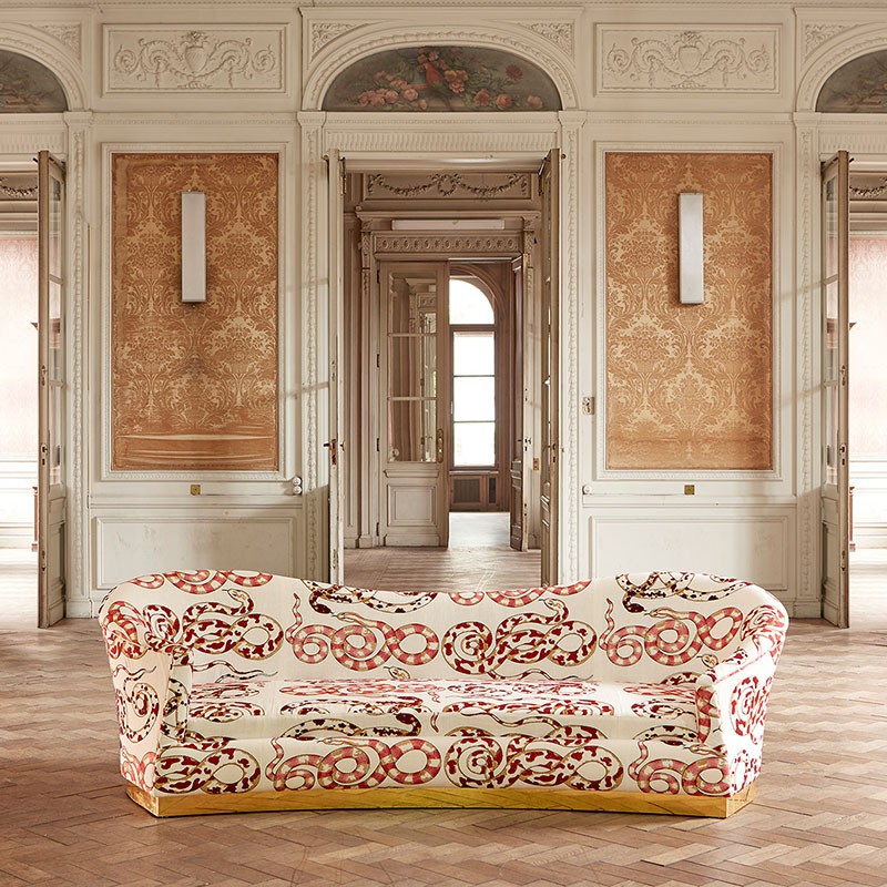 orobouros patterns on a sofa for the Pierre Frey Collection