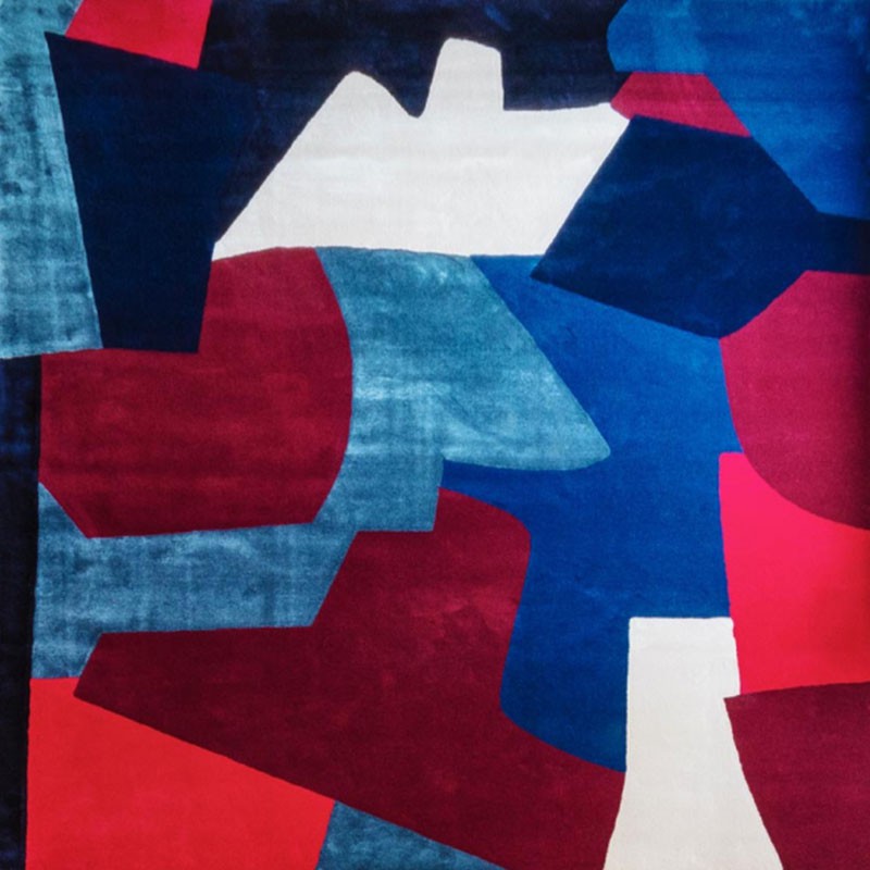 Mohair and fine botanical silk rug with geometric shapes in blue, red and burgundy